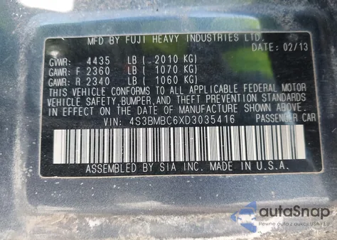 2013 Subaru Legacy 2.5I Premium из США, поврежденный, VIN 4S3BMBC6XD3035416